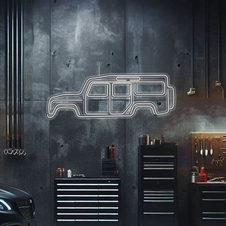 Defender 110 Metal Neon Car Wall Art — precision-cut steel wall art