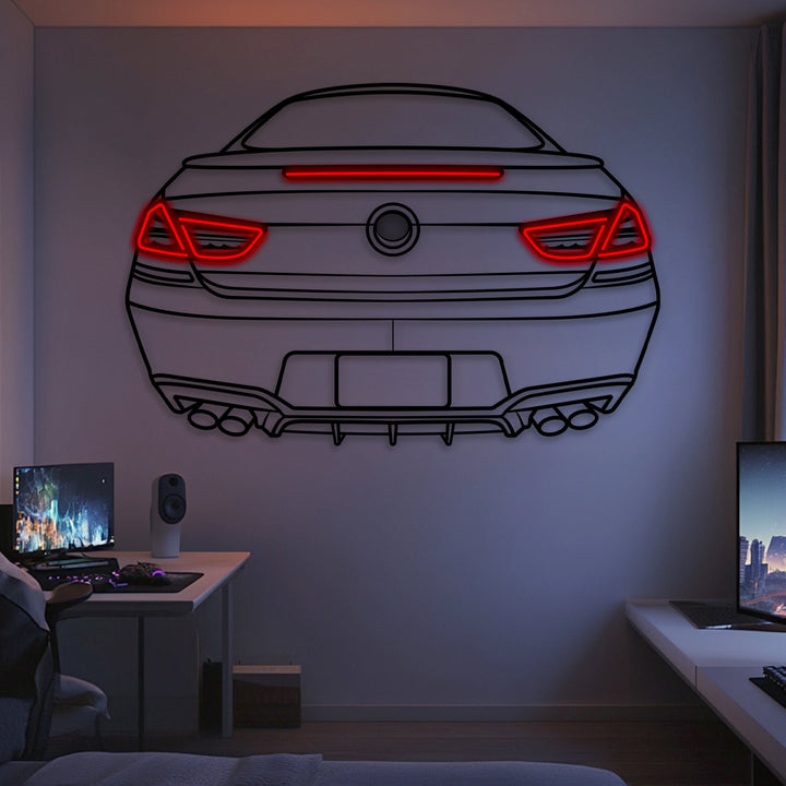 2013 650i Coupe Imola Red Back View Metal Neon Car Wall Art — precision-cut steel wall art