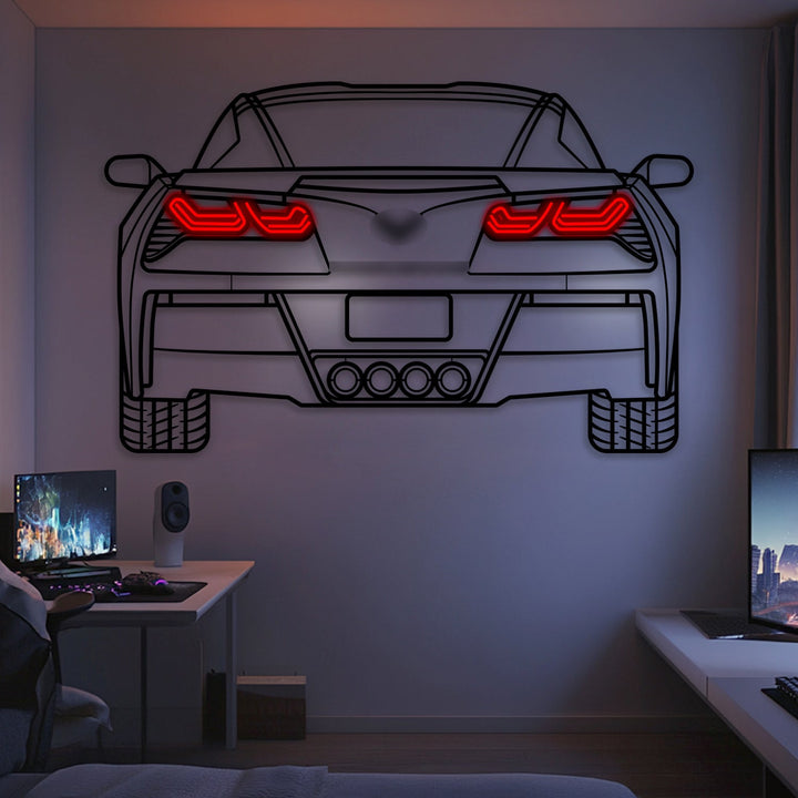 2014 Corvette C7 Z51 Back View Metal Neon Car Wall Art — precision-cut steel wall art
