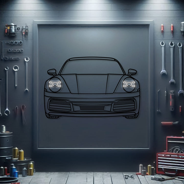 2019 911 Carrera Front View Metal Neon Car Wall Art — precision-cut steel wall art
