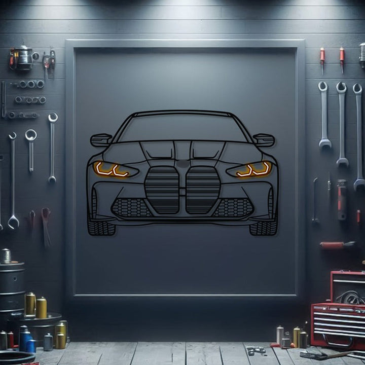 2020 M4 Coupe Competition Front View Metal Neon Car Wall Art — precision-cut steel wall art