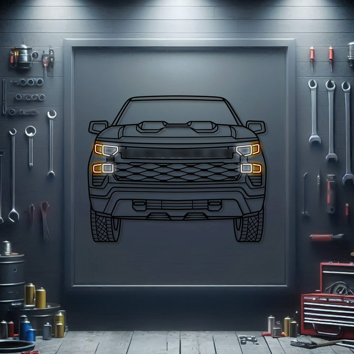 2022 Silverado 1500 Trail Boss Front View Metal Neon Car Wall Art — precision-cut steel wall art