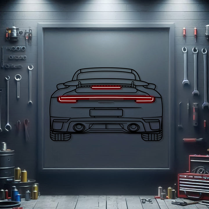 2024 911 Turbo S Back View Metal Neon Car Wall Art — precision-cut steel wall art