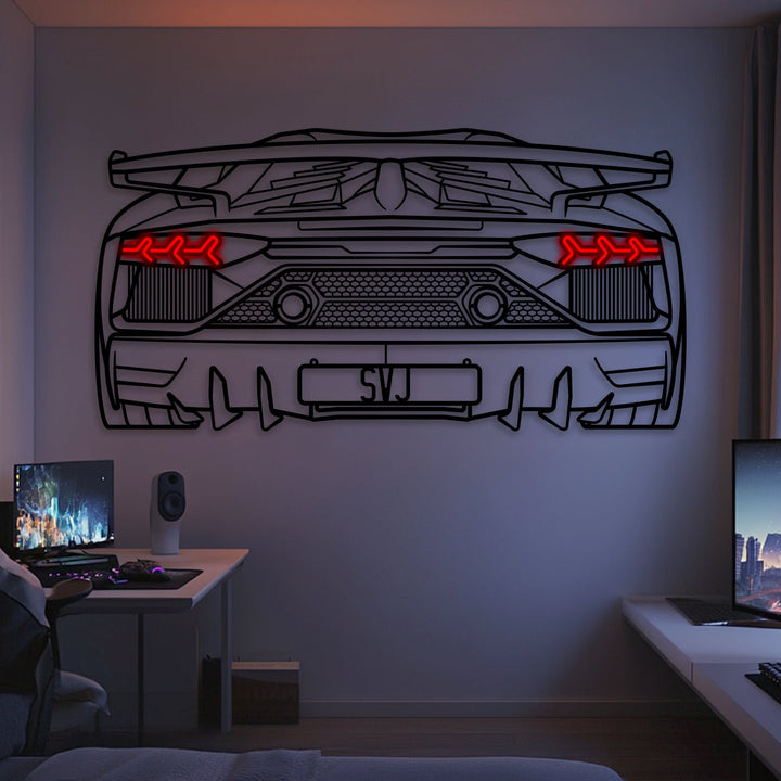 Aventador SVJ Back View Metal Neon Car Wall Art — precision-cut steel wall art