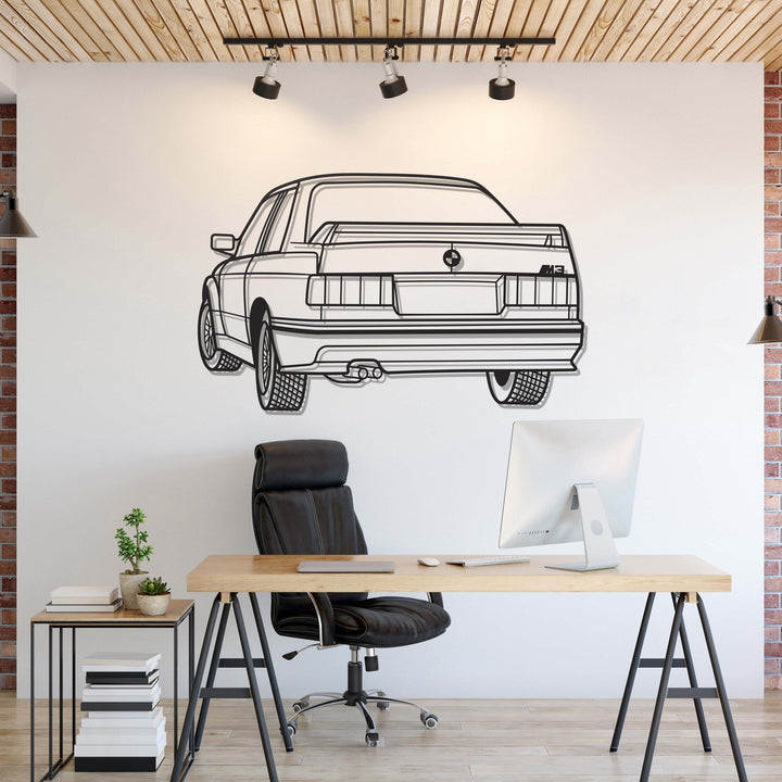 E30 Back View Perspective Metal Car Wall Art — precision-cut steel wall art