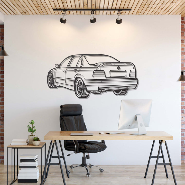 E36 M3 Back View Perspective Metal Car Wall Art — precision-cut steel wall art