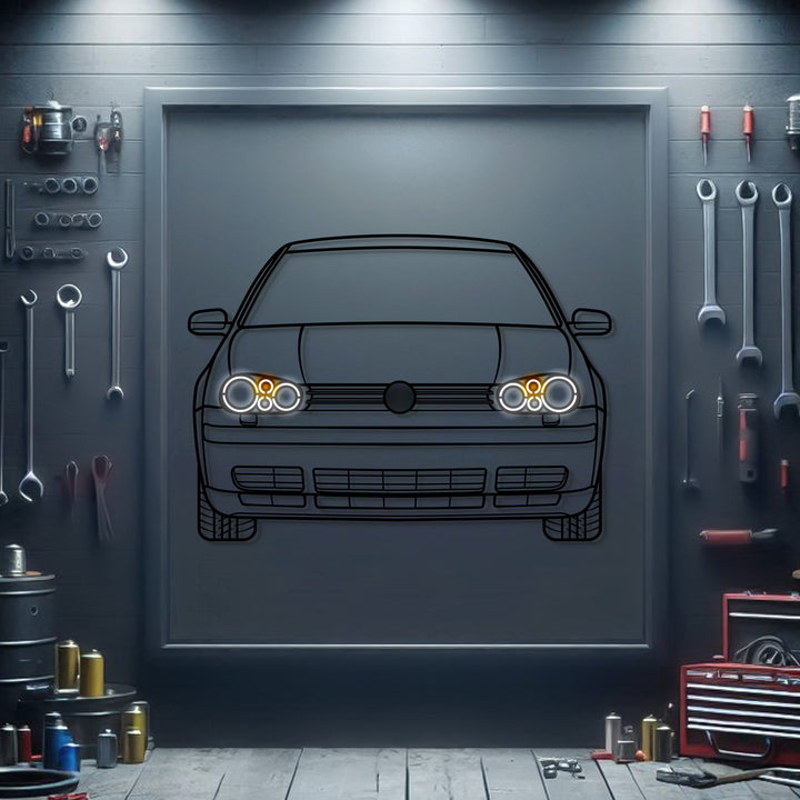 Golf 4 Front View Metal Neon Car Wall Art — precision-cut steel wall art