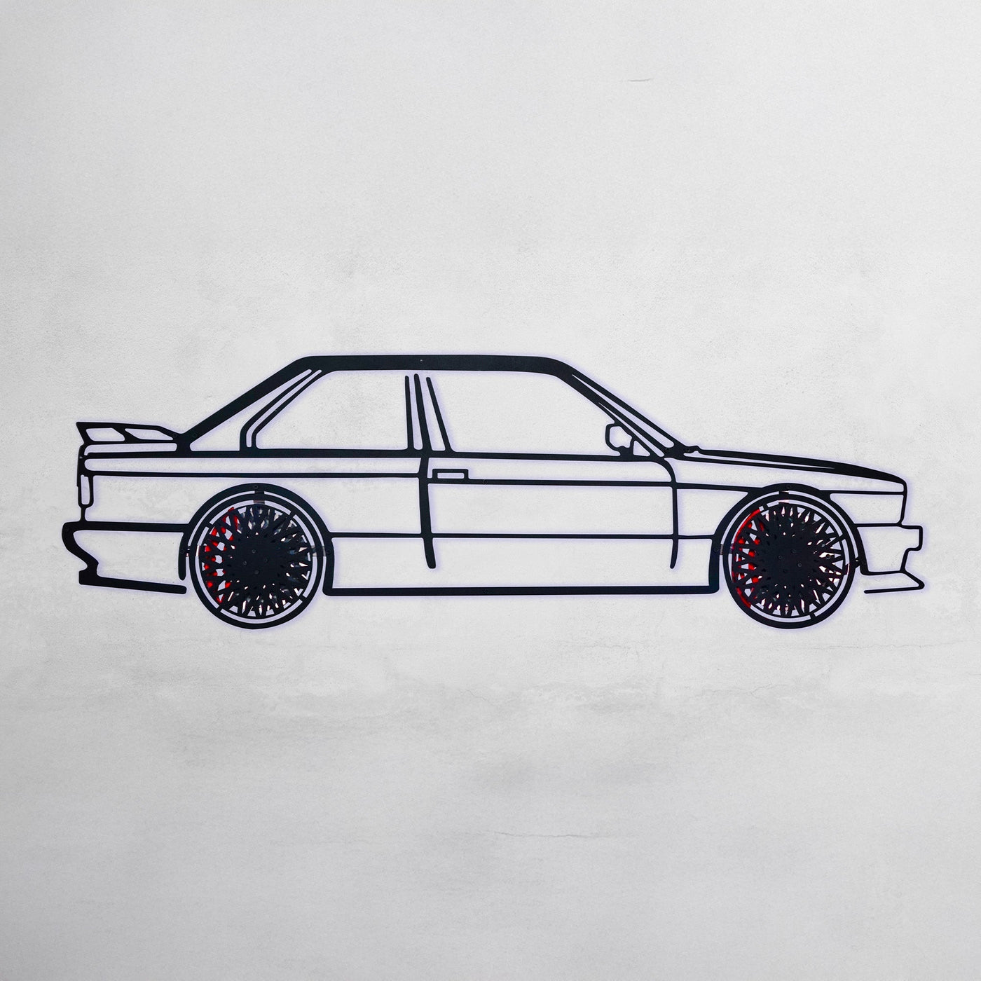 E30 M3 Wall Art – Classic Steel Silhouette with Spinning Wheels -KAFMEKA013