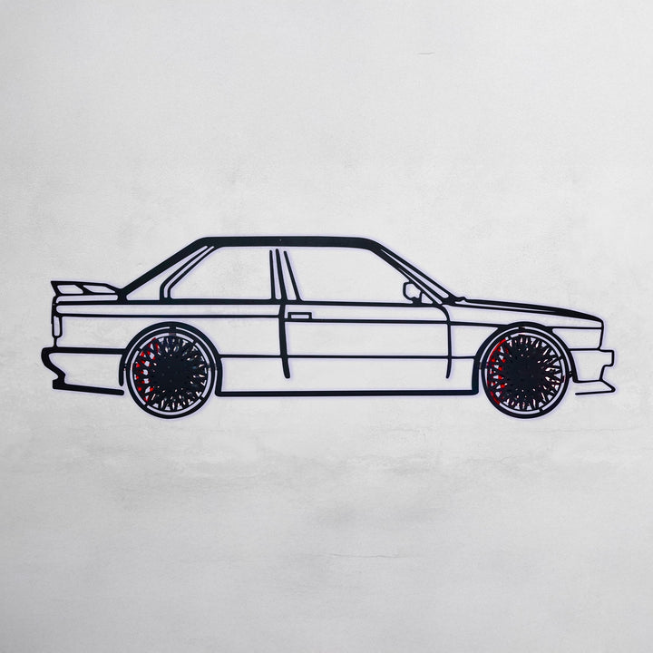 E30 M3 Wall Art – Classic Steel Silhouette with Spinning Wheels -KAFMEKA013 — precision-cut steel wall art