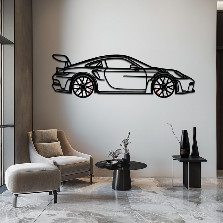 GT3 RS Style Metal Wall Art – Rotating Wheel Car Silhouette — precision-cut steel wall art