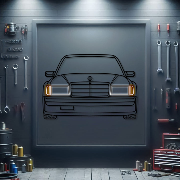 190E W201 Front View Metal Neon Car Wall Art — precision-cut steel wall art