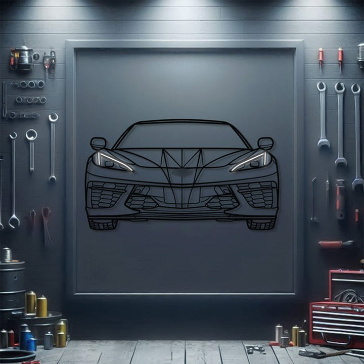 Corvette C8 Front View Metal Neon Car Wall Art — precision-cut steel wall art