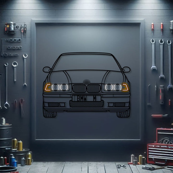 E36 Front View Metal Neon Car Wall Art — precision-cut steel wall art