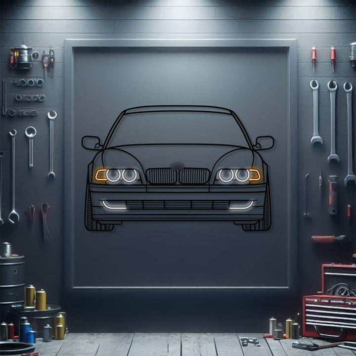 E38 Front View Metal Neon Car Wall Art — precision-cut steel wall art