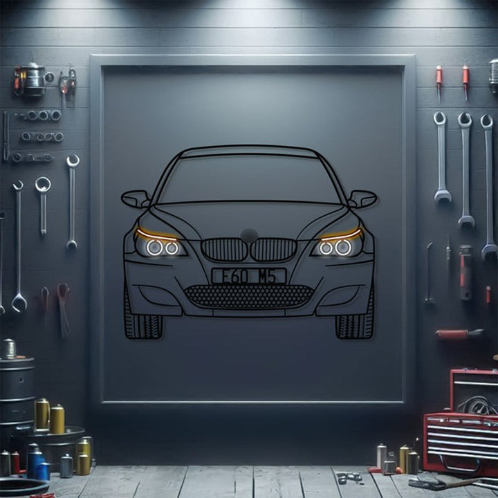 E60 Front View Metal Neon Car Wall Art — precision-cut steel wall art