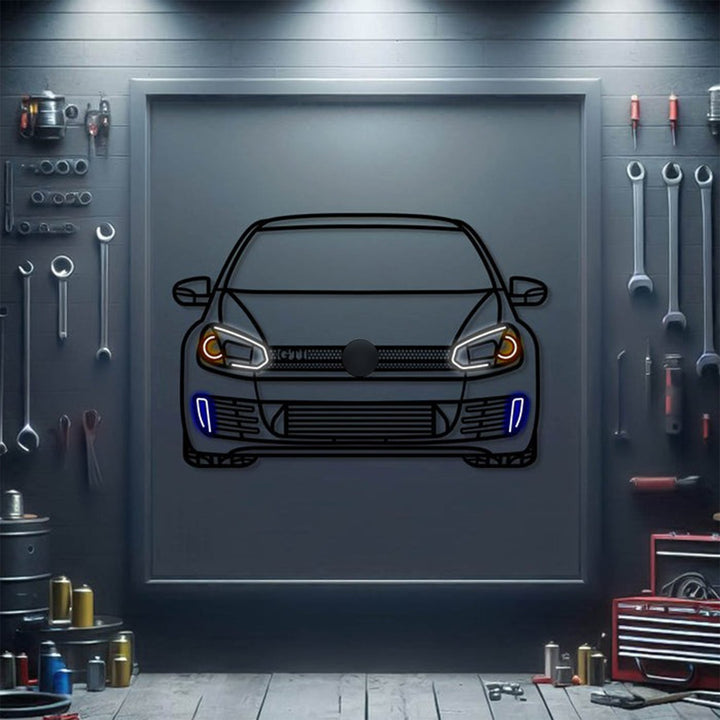 2012 Golf MKVI GTI Front View Metal Neon Car Wall Art — precision-cut steel wall art