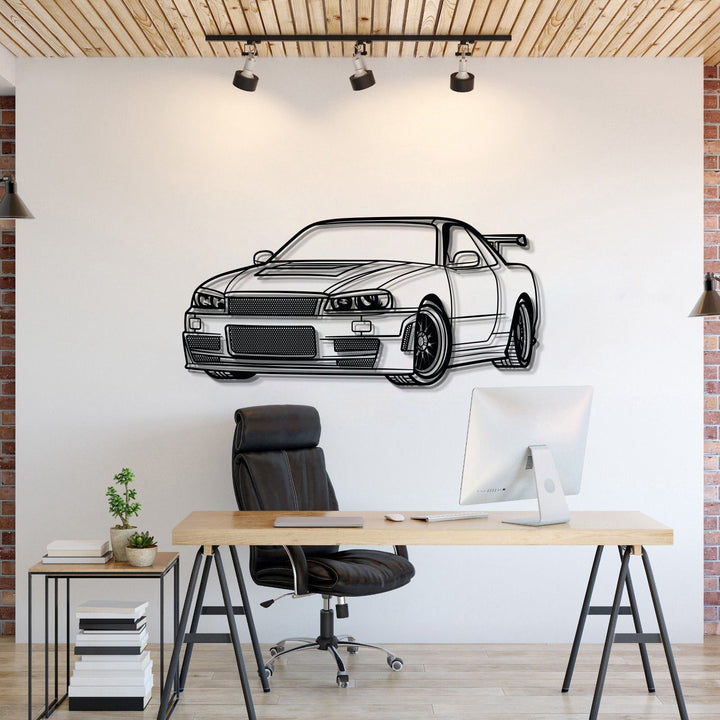GT-R R34 Perspective Metal Car Wall Art — precision-cut steel wall art