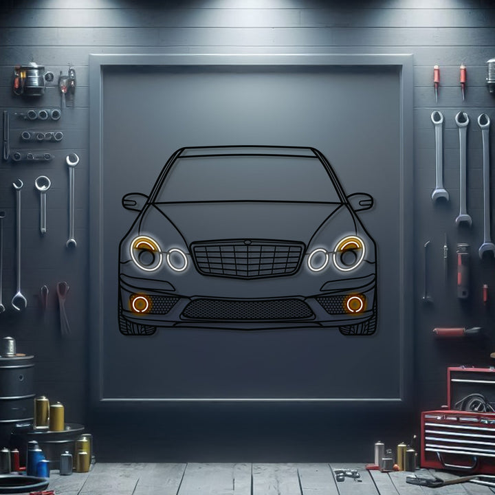 W211 AMG Front View Metal Neon Car Wall Art — precision-cut steel wall art