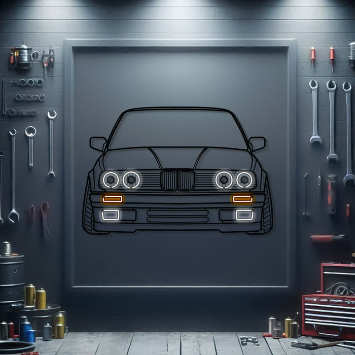E30 Front View Metal Neon Car Wall Art — precision-cut steel wall art