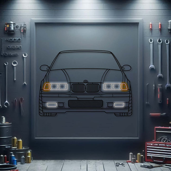 E36 M3 Front View Metal Neon Car Wall Art — precision-cut steel wall art