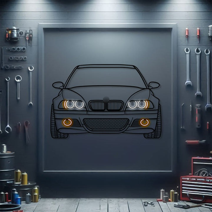 E46 Front View Metal Neon Car Wall Art — precision-cut steel wall art