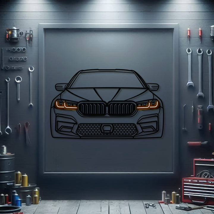 M5 CS Front View Metal Neon Car Wall Art — precision-cut steel wall art