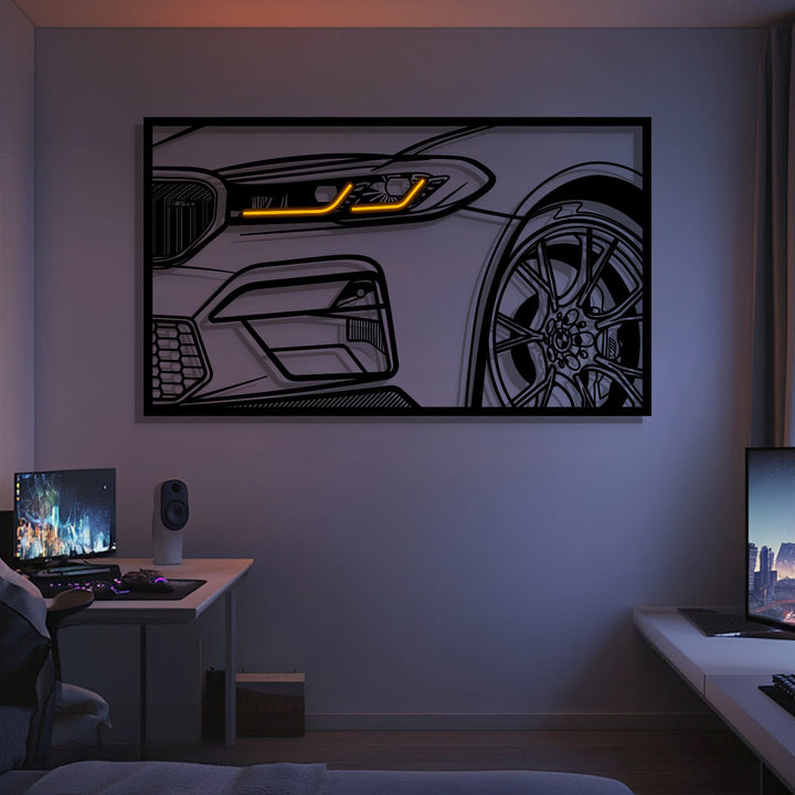 M5 F90 CS Apex Front View Metal Neon Frame Wall Art — precision-cut steel wall art