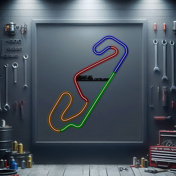 Barcelona Cataluna Metal Neon Race Track — precision-cut steel wall art