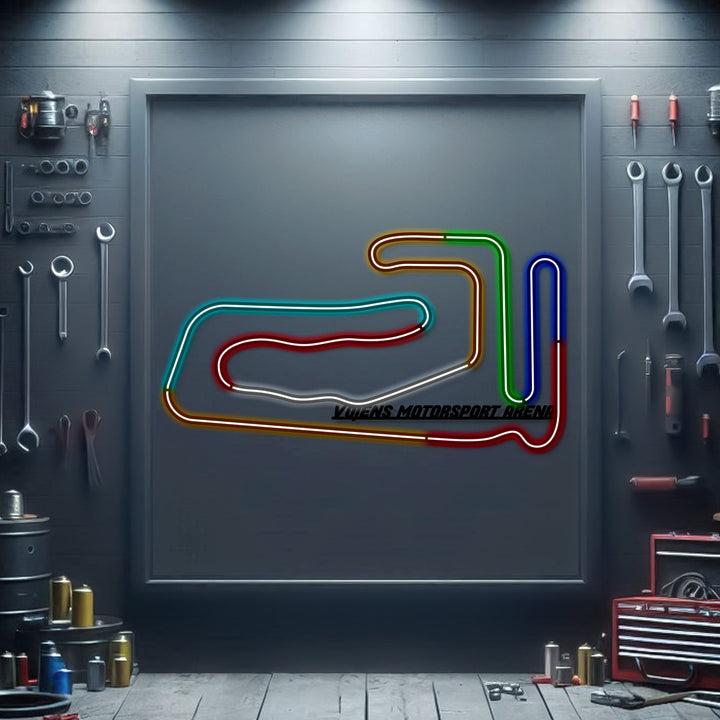 Vojens Motorsports Arena Metal Neon Race Track — precision-cut steel wall art