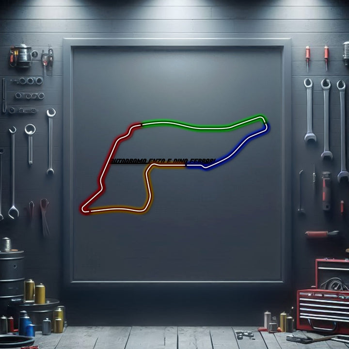 Autodromo Enzo E Dino Ferrari Metal Neon Race Track — precision-cut steel wall art