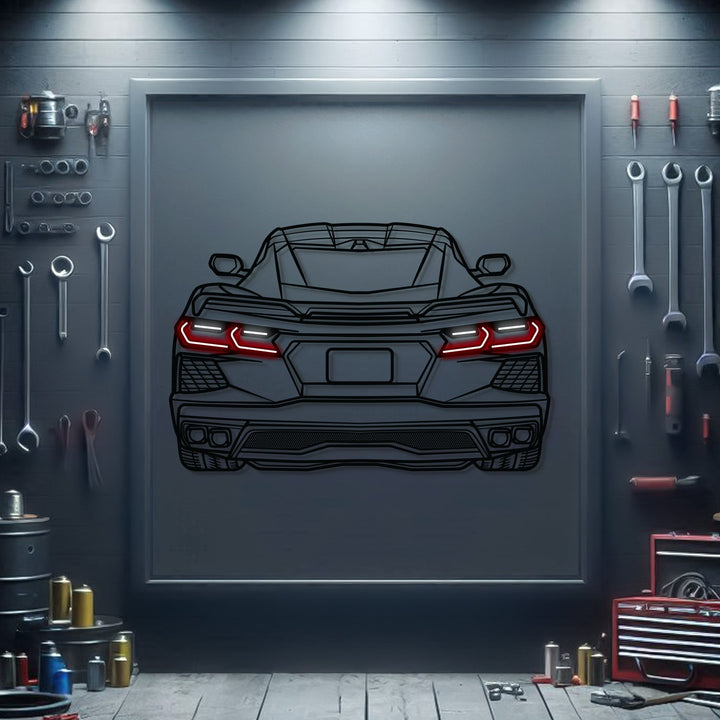 Corvette C8 Back View Metal Neon Car Wall Art — precision-cut steel wall art