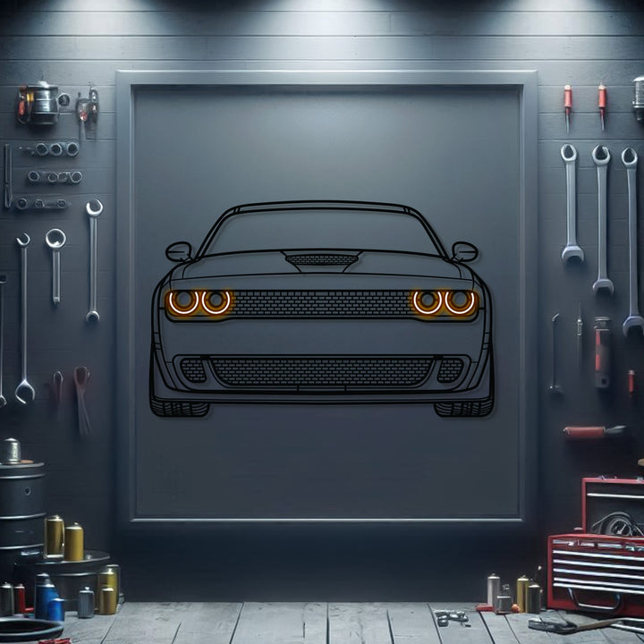 Challenger Front View Metal Neon Car Wall Art — precision-cut steel wall art