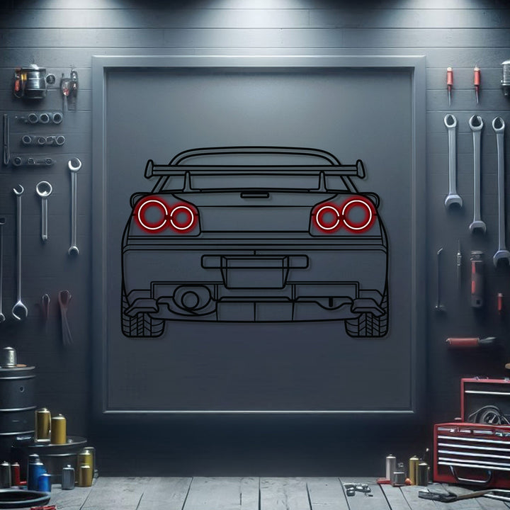 GT-R R34 Back View Metal Neon Car Wall Art — precision-cut steel wall art