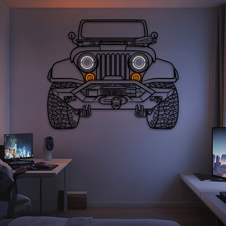 CJ7 Front View Metal Neon Car Wall Art — precision-cut steel wall art
