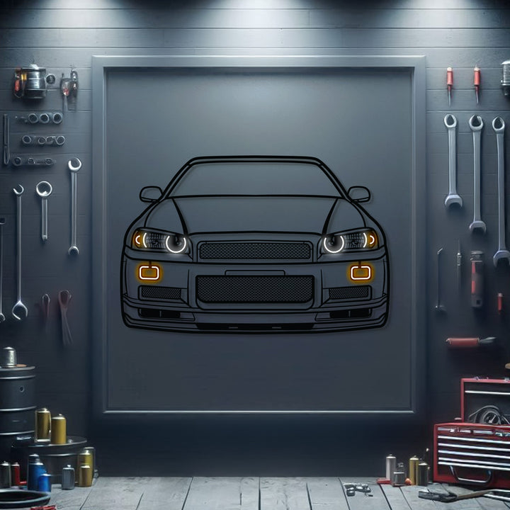 GT-R R34 Front View Metal Neon Car Wall Art — precision-cut steel wall art