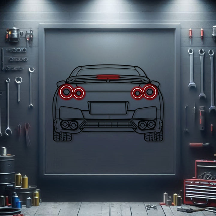 GT-R R35 Back View Metal Neon Car Wall Art — precision-cut steel wall art