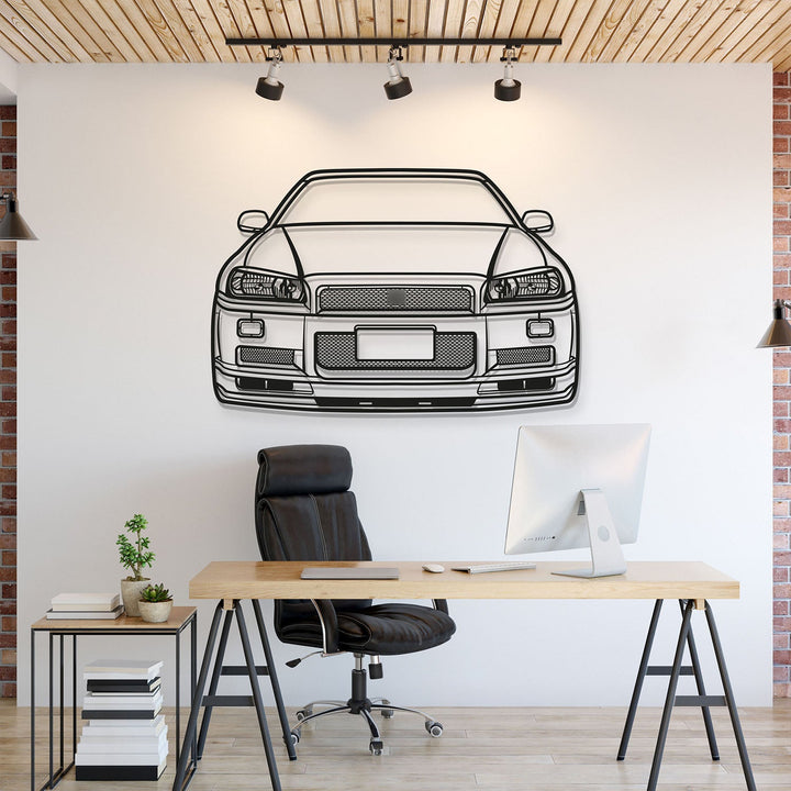 Skyline GT-R R34 Front View Metal Car Wall Art — precision-cut steel wall art