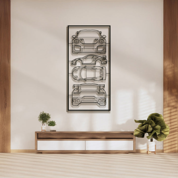 911 GT2 RS Quad Profile Metal Frame Silhouette — precision-cut steel wall art
