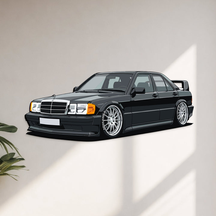 190E Perspective Neon Car Wall Art — precision-cut steel wall art