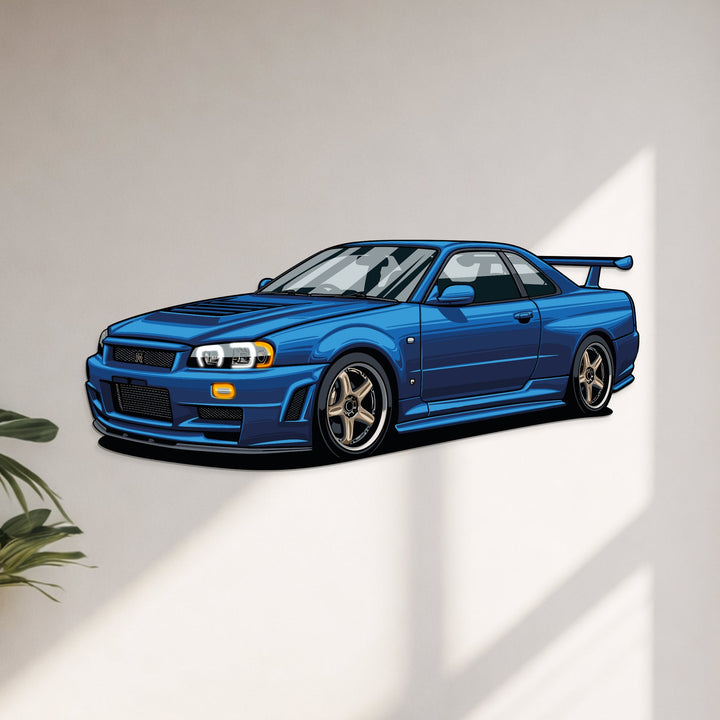 GT-R R-34 Perspective Neon Car Wall Art — precision-cut steel wall art