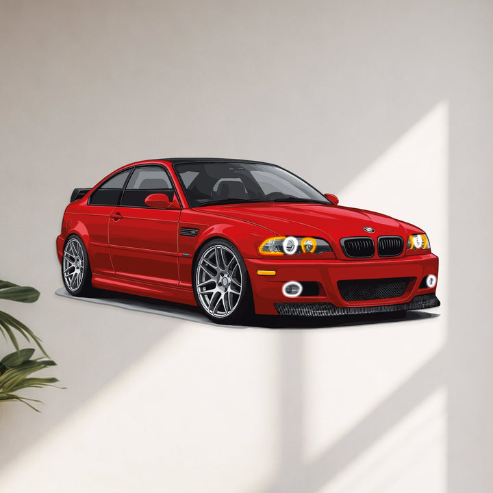 E46 Perspective Neon Car Wall Art — precision-cut steel wall art